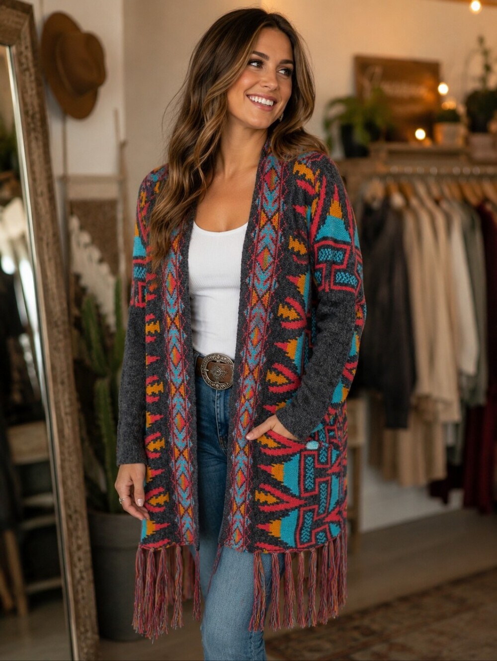 Powder River Outfitters Panhandle Aztec Southwestern Fringe Cardigan Sweater M